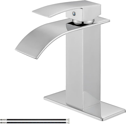 Airuida Chrome Polish Waterfall Spout Bathroom Faucet Single Handle Single Hole Bathroom Sink Faucet 1 or 3 Holes Rv Lavatory Vanity Faucet Basin Mixer Tap with Deck Plate and Supply Lines