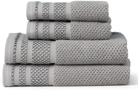 Texere 100% Organic Cotton Rice Weave Jacquard 700 GSM Luxury Bath Towel Sets - Ultra Soft and Absorbent Hotel and Spa Quality (Rice Weave, Cathedral Gray, 2 Hand & 2 Face Towels)