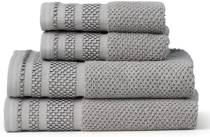 Texere 100% Organic Cotton Rice Weave Jacquard 700 GSM Luxury Bath Towel Sets - Ultra Soft and Absorbent Hotel and Spa Quality (Rice Weave, Cathedral Gray, 2 Hand & 2 Face Towels)