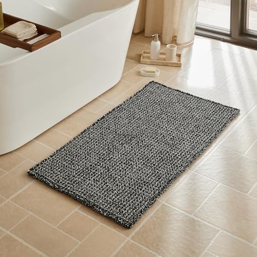 Triohero Waffle Bath Mat, Boho Bathroom Rugs Non Slip, 24x48 Black & White