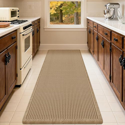 Extra Large Waffle Bath Mat Beige 6'x2'(72" x 24"), Boho Woven Modern Bath Mat Rugs, Absorbent Non Slip Bathroom Rugs, Soft Washable Bath Rugs with Tassels for Bathroom, Bedroom, Kitchen, Shower, Tub