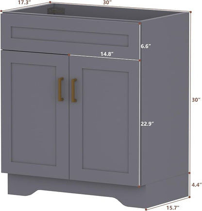 30 Inch Bathroom Vanity, Wooden Double Door Bathroom Sink Storage Cabinet, Freestanding Modern Bathroom Vanity Without Sink (Grey No Sink, 30")