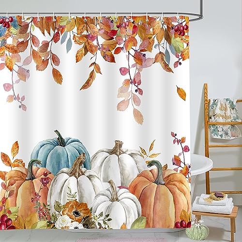 Fall Pumpkin Shower Curtains for Bathroom, Thanksgiving Teal Eucalyptus Leaves Watercolor Pumpkins Farmhouse Rustic Vintage Boho Bathroom Decor Set, Waterproof Fabric Polyester with Hooks 72x78 White