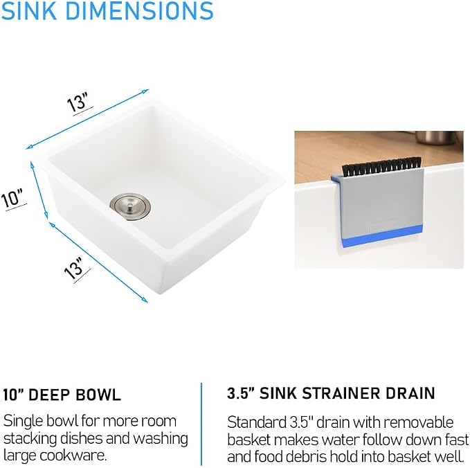 White Bar Sink Undermount, 13 x 13 Inch Granite Quartz | Small Kitchen Sink Granite Quartz Wet Bar Single Bowl Deep Basin and Mini Squeegee Combo