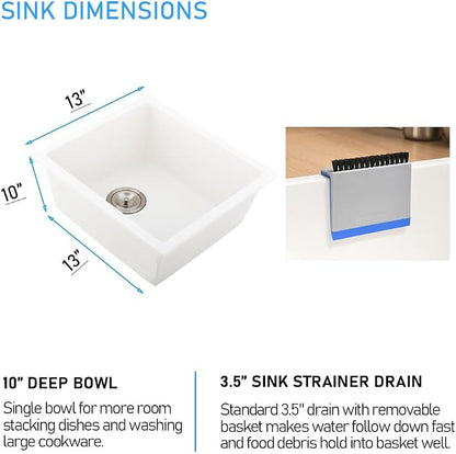White Bar Sink Undermount, 13 x 13 Inch Granite Quartz | Small Kitchen Sink Granite Quartz Wet Bar Single Bowl Deep Basin and Mini Squeegee Combo