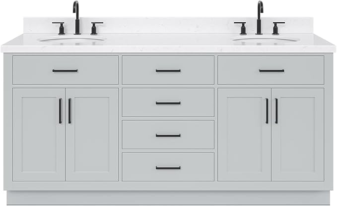 ARIEL Hepburn 72-inch Bathroom Vanity with Sink,Solid Wood, 1.5-inch Carrara White Quartz Countertop & Backsplash, Double Oval Porcelain Sink, 4 Soft Closing Doors, 6 Dovetail Drawers, Grey
