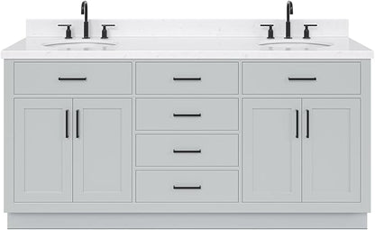 ARIEL Hepburn 72-inch Bathroom Vanity with Sink,Solid Wood, 1.5-inch Carrara White Quartz Countertop & Backsplash, Double Oval Porcelain Sink, 4 Soft Closing Doors, 6 Dovetail Drawers, Grey