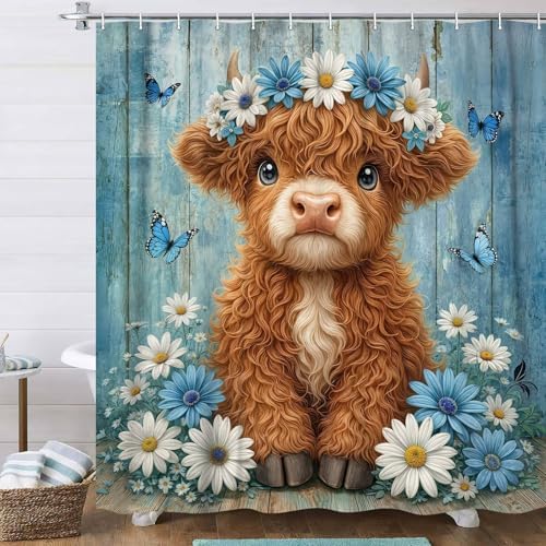 Cute Cow Shower Curtain, Farmhouse Rustic Blue Floral Daisy Highland Cow Shower Curtains for Bathroom, Calf Country Farm Animal Garden Plant Fabric Bathroom Decor with Hooks, 70x72 inch