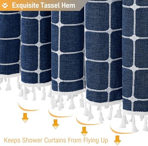 BTTN Navy Blue Boho Farmhouse Linen Heavy Duty Shower Curtain Set, 72x72