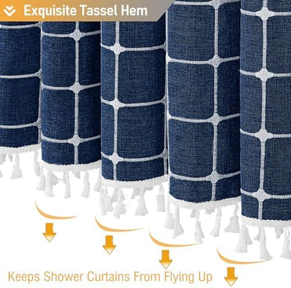 BTTN Navy Blue Boho Farmhouse Linen Heavy Duty Shower Curtain Set, 72x72