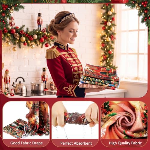 FuWeave 8 Pcs Christmas Shower Curtain Set for Bathroom Decor Include Vintage Nutcracker Xmas Tree Towels Christmas Non Slip Wreath Gift Rugs Toilet Lid Cover Poinsettia Bath Mat and 12 Hooks