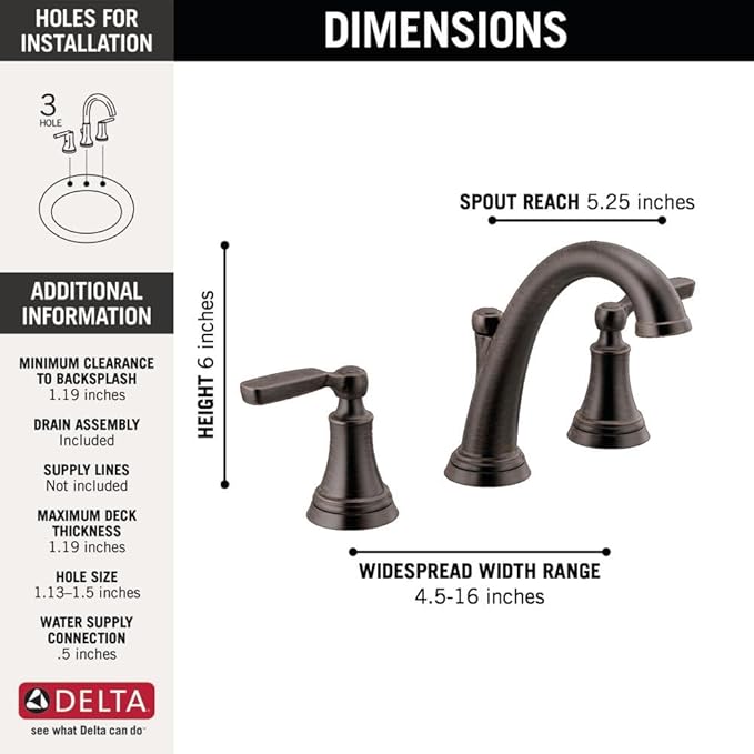 Delta Faucet Woodhurst Widespread Bathroom Faucet 3 Hole, Bronze Bathroom Faucet, Bathroom Sink Faucet, Metal Drain Assembly, Venetian Bronze 3532LF-RB