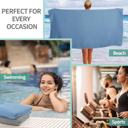 Microfiber Waffle Bath Towels, 4 Pieces, Soft, Absorbent, Fast Drying, Lint Free 430 GSM (27''x55''/68.58 cm x139.7 cm) (Gray+Blue)