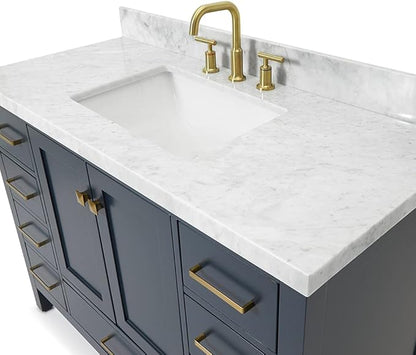 ARIEL Cambridge 48-inch Bathroom Vanity with Sink,Solid Wood, 1.5-inch Italian Carrara Marble Countertop, Single Rectangular Porcelain Sink, 2 Soft Closing Doors, 9 Dovetail Drawers, Midnight Blue