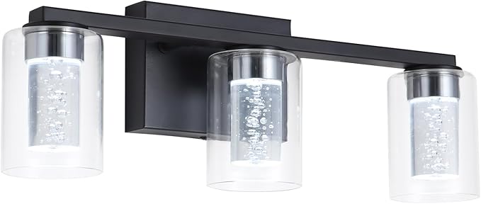 3-Light Bathroom Light Fixtures, Black Modern Vanity Lights with Clear Glass Shade, Bathroom Wall Lamp with Crystal Bubble for Mirror Kitchen Living Room Hallway