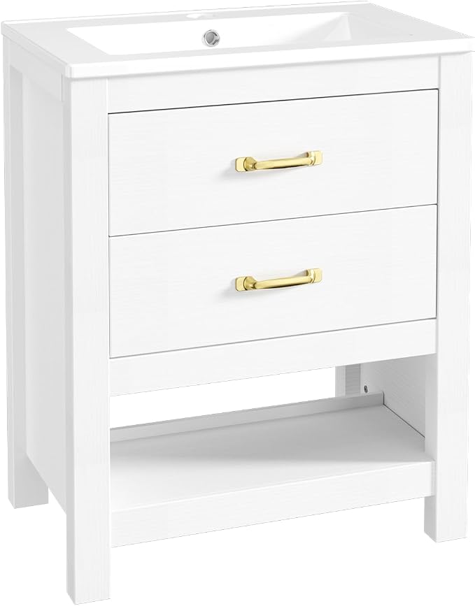 Bathroom Vanity with Sink, 24 Inch Small Bathroom Storage Cabinet with Double Drawers, Freestanding Modern Bathroom Cabinet with Open Bottom Shelf & LED Light, White