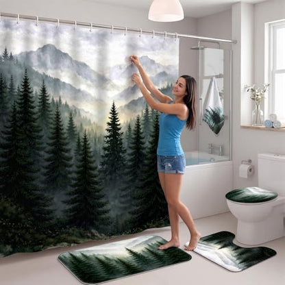 FuWeave 8 Pcs Green Forest Shower Curtain Set for Bathroom Decor Include Nature Misty Mountain Woodland Shower Curtain Towels Non Slip Rugs Toilet Lid Cover Bath Mat and 12 Hooks for Bathroom Decor