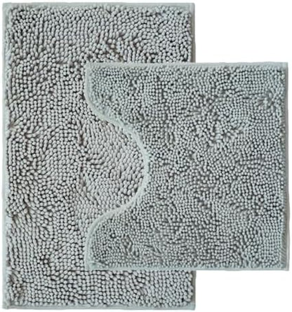 Bathroom Rugs Sets 2 Piece,Super Absorbent Chenille Bath Mats and U-Shaped Toilet Rug,Strong PVC Non Slip Backing,Microfiber Washable Dry Quickly Bath Mats for Bathroom(20"x32"+20"x20"U, Light Grey)