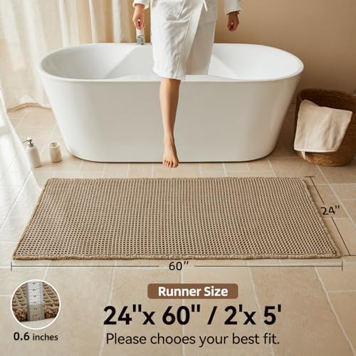 Triohero Waffle Runner Rug Bathroom, Long Boho Bath Mat, 24x60 Khaki
