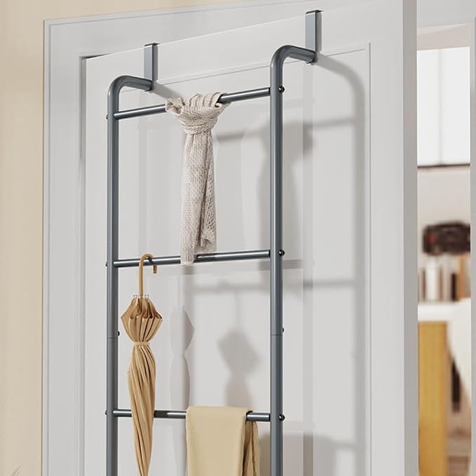 Over The Door Bathroom Hanging Organizer Shelf， Towel Rack for Bathroom, 4 Tier Towel Hanger for Glass Shower Wall or Shower Door (Frameless or Frame to 2") Stylish,Gray