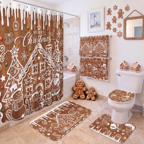 FuWeave 8Pcs Gingerbread House Christmas Shower Curtain Set, Cookie Santa Snowman Bathroom Decor, Non-Slip Bath Rug, U Mat, Toilet Lid Cover, Hand Towels & 12 Hooks, Xmas Winter Home Decor