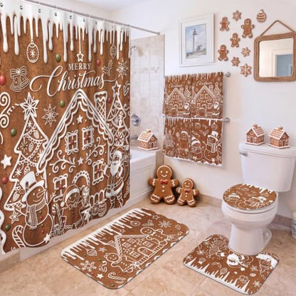FuWeave 8Pcs Gingerbread House Christmas Shower Curtain Set, Cookie Santa Snowman Bathroom Decor, Non-Slip Bath Rug, U Mat, Toilet Lid Cover, Hand Towels & 12 Hooks, Xmas Winter Home Decor