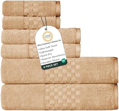 Feather & Stitch 100% Cotton 625 GSM Bath Towel Set of 6, Ultra Soft Highly Absorbent 2 Bath Towels, 2 Hand Towels & 2 Washcloth - Luxury Quick Dry Shower Towels (Taupe)