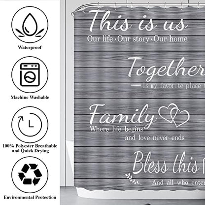 4Pcs Family Shower Curtain Sets with Non-Slip Rugs, Toilet Lid Cover and Bath Mat, Grey Home Bathroom Decor Set Accessories Waterproof Shower Curtains with 12 Hooks, 72 x 72 Inch