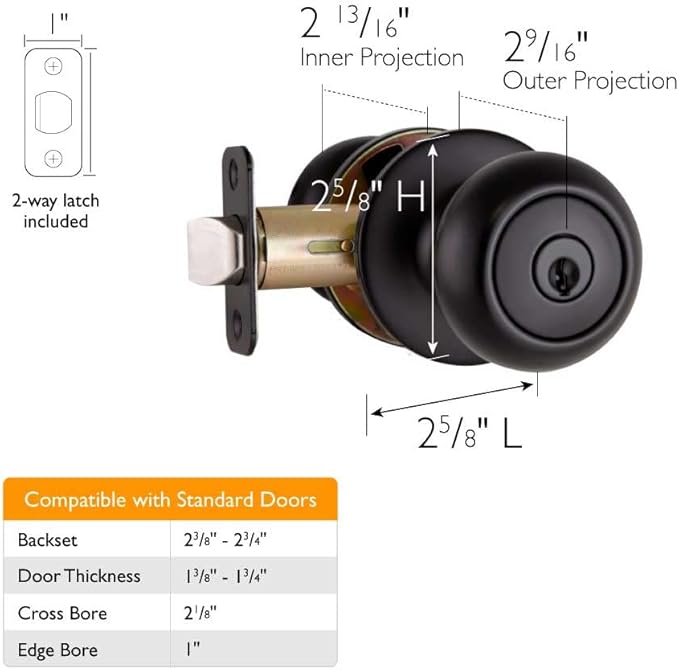 Design House 778936 Cambridge 2-Way Adjustable Entry Door Knob for Front Back Garage, Matte Black