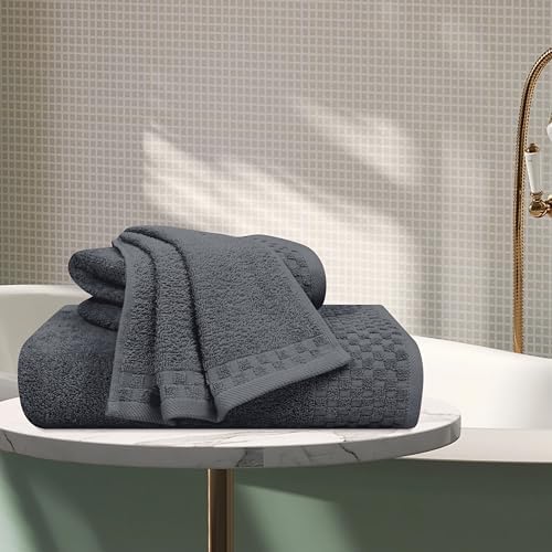 MyOwn Ultra Soft 3 Pack Cotton Towel Set, Contains a Bath Towels 28x55 inch, a Hand Towels 16x24 inch & a Wash Coths 12x12 inch, Ideal Everyday use, Compact & Lightweight - Charcoal Grey