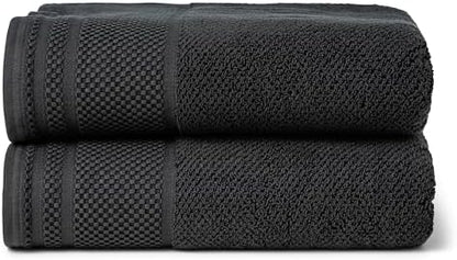Texere 100% Organic Cotton Rice Weave Jacquard 700 GSM Luxury Bath Towel Sets - Ultra Soft and Absorbent Hotel and Spa Quality (Rice Weave, Black, 2 Bath Towels)