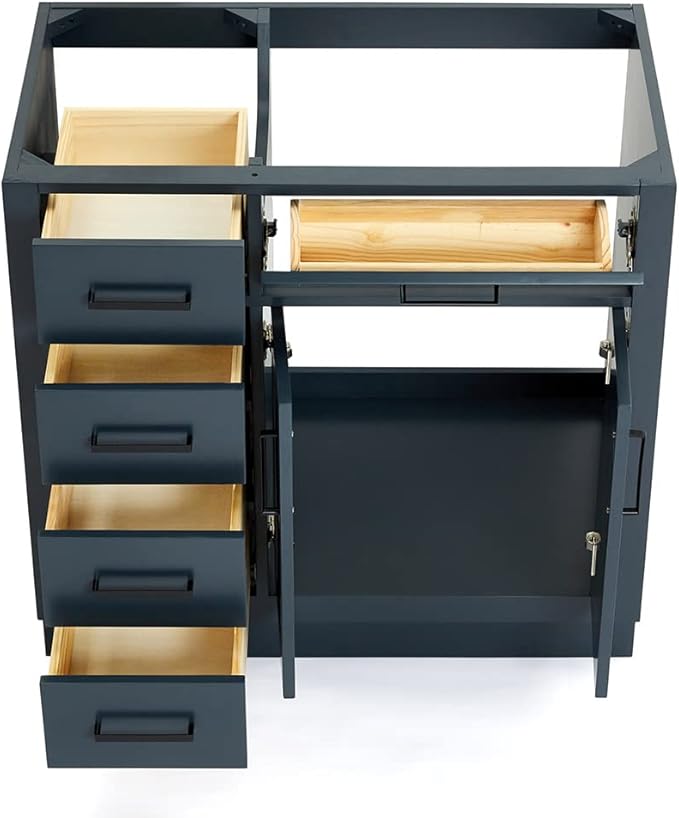 ARIEL Hepburn 36-inch Bathroom Vanity Base Cabinet,Solid Wood, 2 Soft Closing Doors, 5 Dovetail Drawers, Midnight Blue
