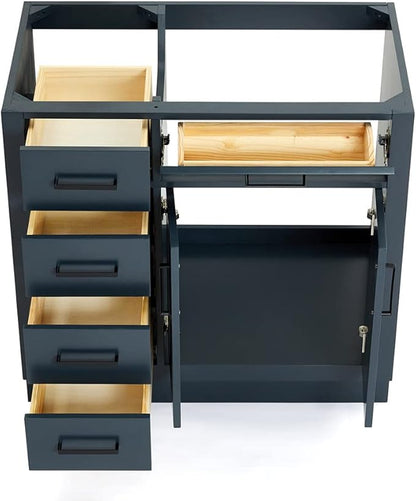 ARIEL Hepburn 36-inch Bathroom Vanity Base Cabinet,Solid Wood, 2 Soft Closing Doors, 5 Dovetail Drawers, Midnight Blue