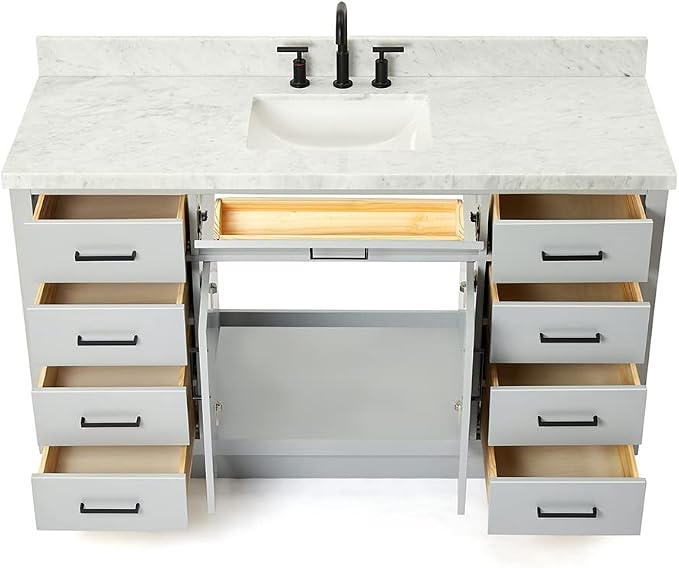 ARIEL Hepburn 60-inch Bathroom Vanity with Sink,Solid Wood, 1.5-inch Italian Carrara Marble Countertop, Single Rectangular Porcelain Sink, 2 Soft Closing Doors, 9 Dovetail Drawers, Grey