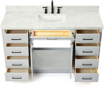 ARIEL Hepburn 60-inch Bathroom Vanity with Sink,Solid Wood, 1.5-inch Italian Carrara Marble Countertop, Single Rectangular Porcelain Sink, 2 Soft Closing Doors, 9 Dovetail Drawers, Grey