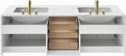 Bathroom Vanity with Sink, Modern Bathroom Vanity with Faux Marble Top, Gold Hardware & Soft-Close Drawers for Bathroom Storage (59.1 Inch, White, Double Sink & Freestanding)