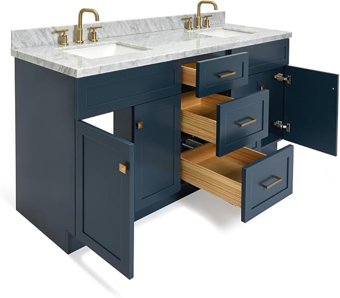 DKB Bradford 72 Inch Bathroom Vanity Double Sink — Midnight Blue Bathroom Vanity with Sink, 1.5" Edge Italian Carrara Marble Countertop & Backsplash, 4 Soft-Close Doors, and 3 Dovetail Drawers
