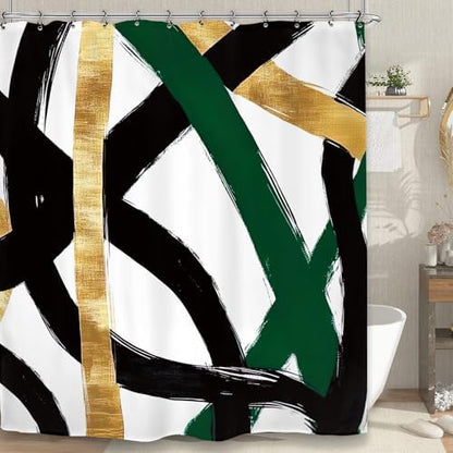 Abstract Emerald Green Black Gold Shower Curtain 72Wx72L Inch Modern Minimalist Contemporary Geometric Line Bathroom Set Accessories Decor with 12 Pack Hooks