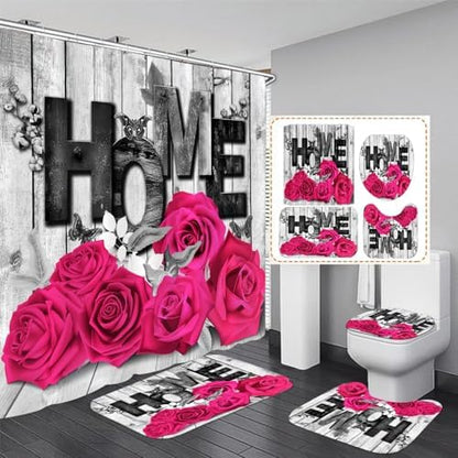 Yddsky 4 Pcs Pink Rose Shower Curtain Set with Rugs Bathroom Set