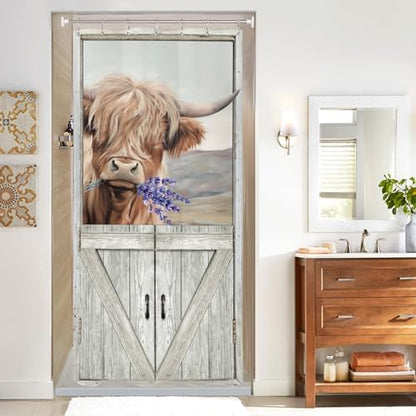 Stall Bull Highland Cow Shower Curtain 36Wx72L Inch Funny Barn Door Small Half Narrow Farmhouse Rustic Wood Wooden Vintage Animal Bathroom Set Accessories Decor with Plastic Hooks