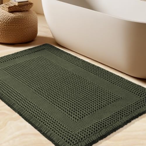 Waffle Bath Mat, Boho Woven Modern Bath Rug Absorbent Non Slip, Ultra Soft Bathroom Mats, Machine Washable Knit Bath Rugs with Tassels for Bathroom, Bedroom, Kitchen, Shower, Tub, 32"x20", Dark Green