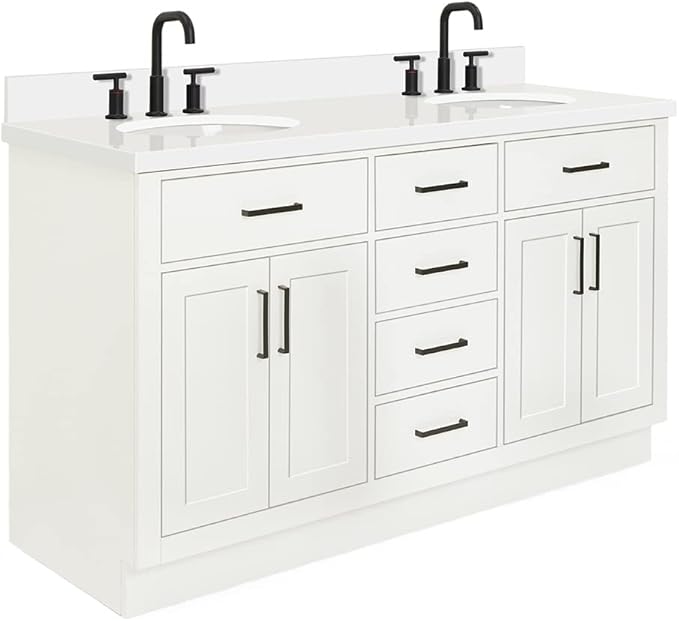 ARIEL Hepburn 60-inch Bathroom Vanity with Sink,Solid Wood, 1.5-inch Pure White Quartz Countertop & Backsplash, Double Oval Porcelain Sink, 4 Soft Closing Doors, 6 Dovetail Drawers, White