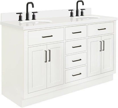 ARIEL Hepburn 60-inch Bathroom Vanity with Sink,Solid Wood, 1.5-inch Pure White Quartz Countertop & Backsplash, Double Oval Porcelain Sink, 4 Soft Closing Doors, 6 Dovetail Drawers, White