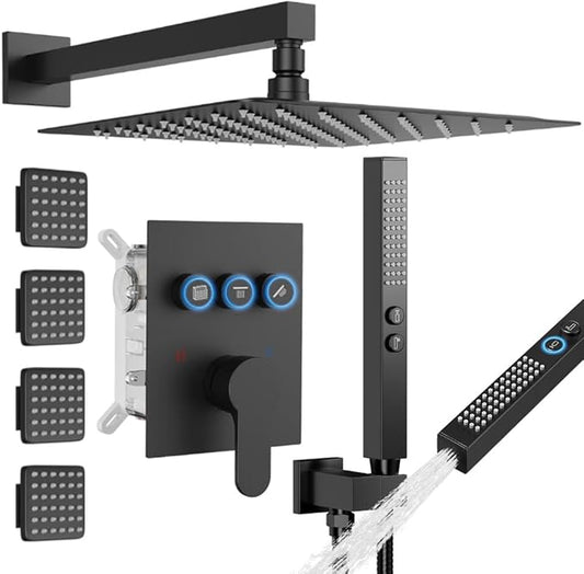Shower System with 4 Body Jets Matte Black, STARBATH 12" Square Wall Mounted Rain Shower with Handheld Sprayer, Can Use All at Once, Push Button Complete Shower Faucets Sets with Valve and Trim Kit