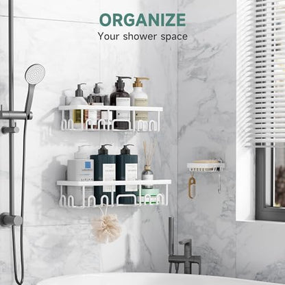 Veken Shower Caddy 3-Pack, Advanced Rustproof Design, No Drilling Adhesive Shelves, Rack with Soap Holder, Large Capacity Bathroom Organizers and Storage, Wall-Mounted Kitchen & Home Decor, White