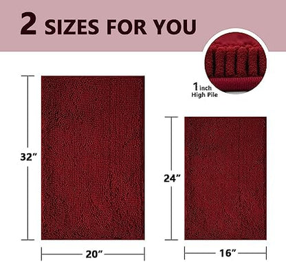 BOANKODU Bathroom Rugs Sets 2 Piece, Extra Soft Chenille Bath Mat Absorbent Bathroom Rug, Bathroom Mat with Sturdy PVC Non-Slip Bottom, Machine Washable Bath Rugs (Burgundy)