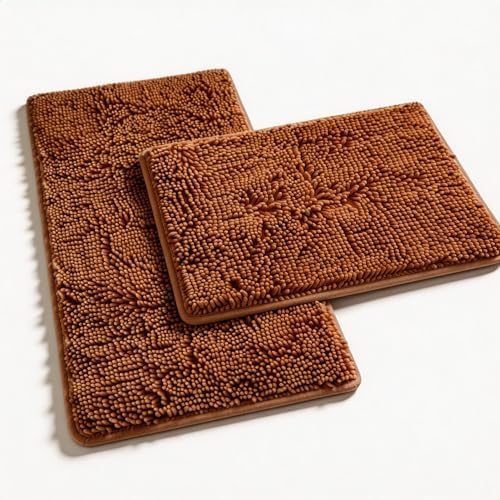 Champagne Chenille Bath Rug Set - 2 Piece Non-Slip Absorbent Shaggy Rugs, Bathtub Mat, Washable Bathroom Carpet for Tub, Shower, Washroom - 32x20 + 24x16 Inch