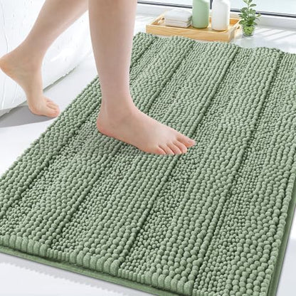 Grandaily Chenille Striped Bathroom Rugs 47x32, Extra Thick and Soft Absorbent Bath Mats, Rubber Backing, Plush Shaggy Shower Carpet, Machine Wash Dry, Bath Rug for Bathroom, Grayish Green