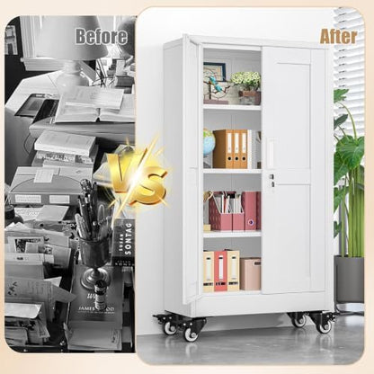 47" Metal Garage Storage Locker Cabinet with Wheels,Rolling White Kitchen Pantry Cabinet with 2 Doors and 3 Adjustable Shelves, Steel File Tool Cabinet for Home Office Living Dinning Room Warehouse