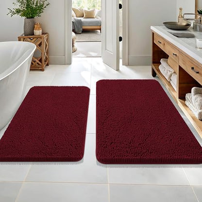 OLANLY Chenille Bathroom Rugs Mats Sets 2 Piece, 36"x24"+30"x20", Burgundy